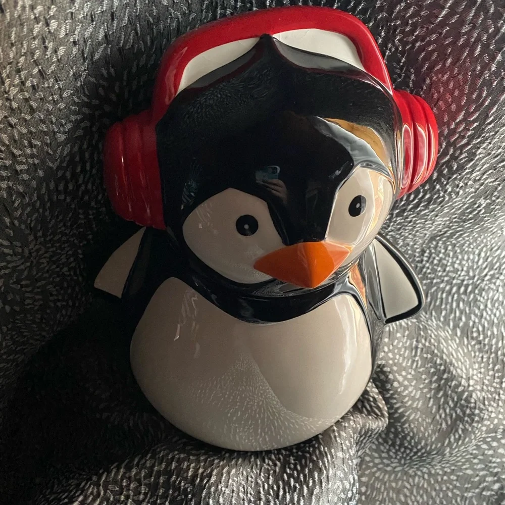 Penguin Cookie Jar with Red Headphones/Earmuffs - Picture 3 of 5